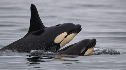Fototapeta premium Young killer whale playfully interacting with a family pod, showing playful behavior amidst the serene ocean waters