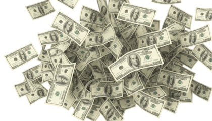 Flying  100 American dollars banknotes, isolated on transparent background, cutout, full hd photography download