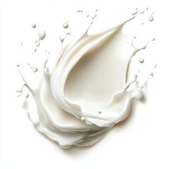 A dynamic splash of milk creates an artistic display against a pure white background, showcasing droplets that enhance the visual appeal.