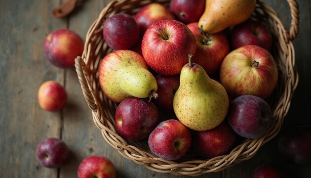Fresh apples, pears, and plums in basket. Concept of healthy eating, organic food, and harvest.