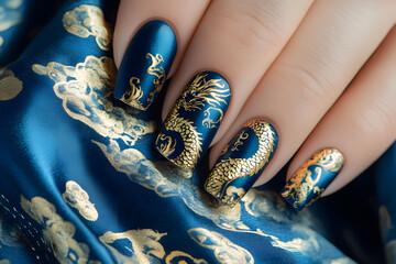 Elegant Dragon Nail Art Design: Blue and Gold Manicure