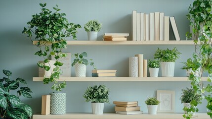Elegant Virtual Background for Online Presentations: Stylish Meeting Room with Shelves and Green Plants for Teams and Zoom Calls