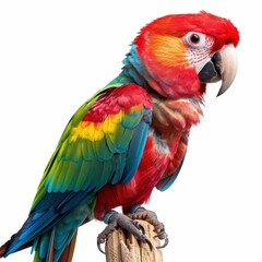 Naklejka premium A vibrant parrot sits gracefully on a wooden post, showcasing its bright feathers against a clean white background.
