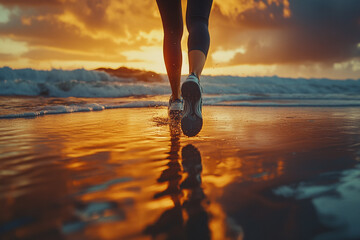 Low angle view of a woman jogging along the beach at sunset