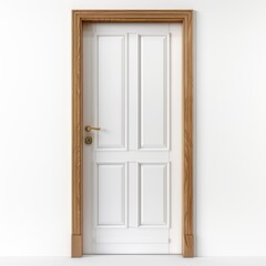 A white door framed in wood stands against a clean white wall, showcasing a minimalist design with a focus on simplicity and functionality.
