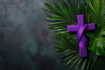 Christianity cross wrapped with purple clothes and palm leaves on purple background