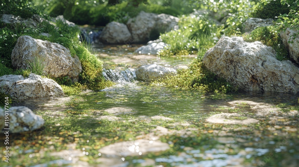 Poster serene stream flowing between mossy rocks and lush greenery in a tranquil forest scene creating peac