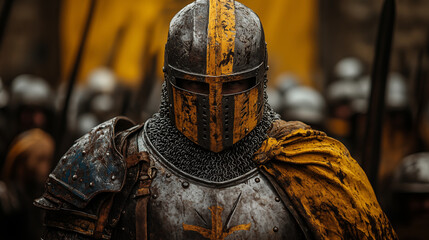 Medieval knight armor with golden stripe, historical battle costume detail