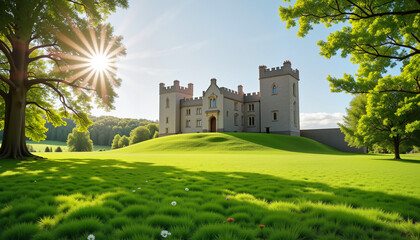 Fototapeta premium Majestic Irish castle surrounded by lush green fields under soft sunlight, serene and picturesque