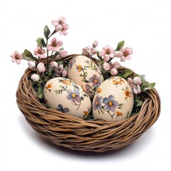 Fototapeta premium Three eggs rest in a floral basket, showcasing a charming blend of nature and simplicity, perfect for a rustic decor theme.