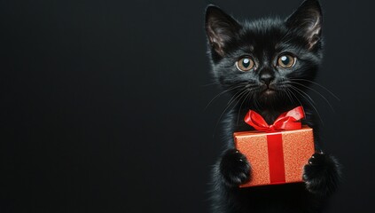 Cute black kitten holding a gift.