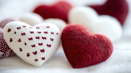 Obraz premium A collection of colorful knitted hearts displayed neatly on a white background, showcasing craftsmanship and creativity in textile art.