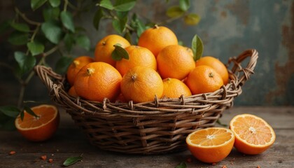 Fresh oranges in wicker basket on wooden table. Concept of healthy eating and organic food.