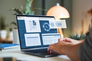 Person using laptop for tax preparation and analysis