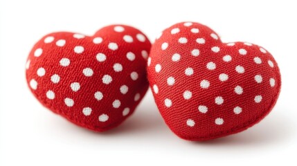 Two vibrant red heart-shaped buttons adorned with white polka dots, resting elegantly on a clean white surface, showcasing a playful design.