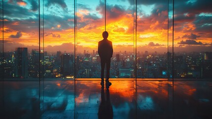 A silhouette of a man thinking against a cityscape backdrop represents corporate communication and entrepreneurial spirit