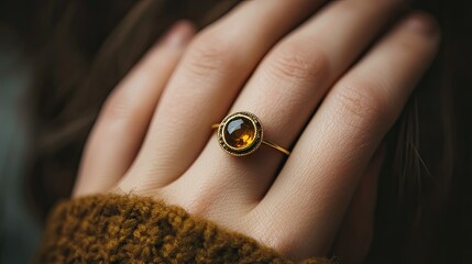 Gold natural stone ring shining on a lady's finger, photographed with a sophisticated aesthetic for versatile jewelry marketing.