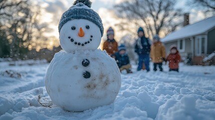 Obraz premium A family building a snowman in their backyard.