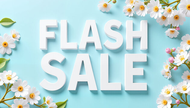Eye-catching spring flash sale banner with bold text and delicate flowers against a soft blue background - Powered by Adobe