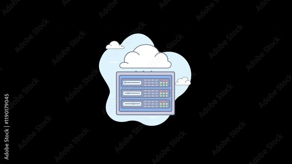 Poster a cartoon illustration of a server with clouds, representing technology and data storage.