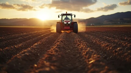 Fototapeta premium A farmer plowing a field with a tractor at sunrise.