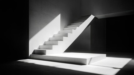 Fototapeta premium Minimalist interior featuring sunlight streaming through a light channel, casting subtle shadows on a white cement wall background.