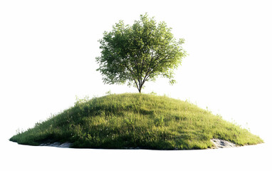 Fototapeta premium Lone tree hill, sunlit grass, isolated, environmental