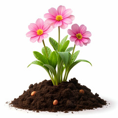 Pink flowers growing from rich, dark soil, with vibrant petals and green stems, isolated on a transparent background, ideal for nature or gardening visuals.