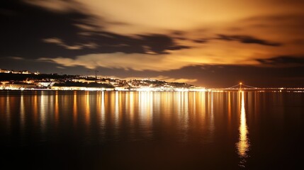 Naklejka premium Night sky over the Vasco da Gama Bridge, with its lights casting a serene glow across the Tagus River and Lisbon's cityscape