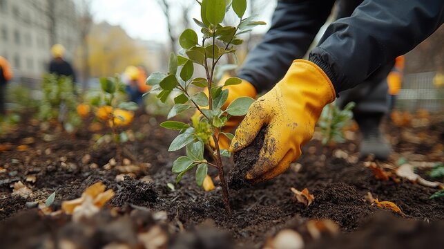 A group of activists planting trees in an urban park.