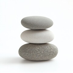Fototapeta premium Three smooth rocks are carefully stacked on top of each other, resting on a clean white surface, creating a minimalist and serene composition.