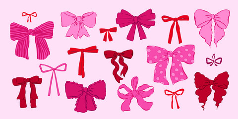 Collection of cute pink trendy hand drawn bows, ribbons. Cartoon style. Isolated vector holiday design elements.