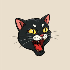 The image showcases a stylized illustration of a black cats head with its mouth open wide, revealing its teeth, in a vintage cartoon style.