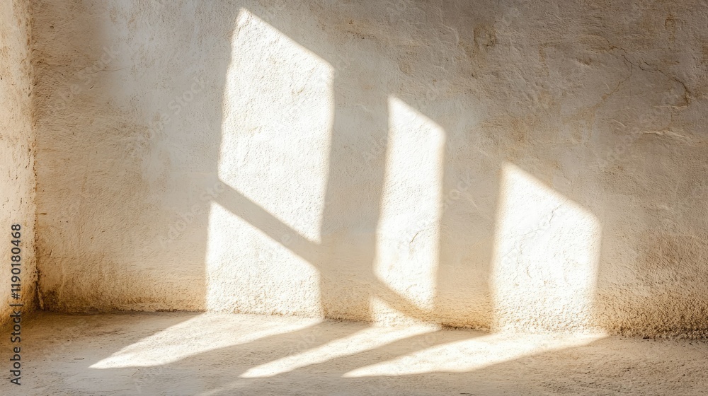 Poster rays of light creating abstract patterns on a white cement wall as sunlight streams through a narrow
