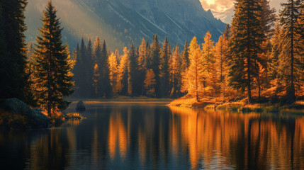 background Illustration of natural scenery of lake and mountains