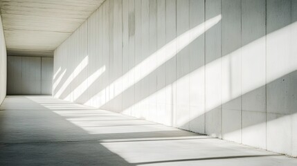 Obraz premium Rays of light creating abstract patterns on a white cement wall as sunlight streams through a narrow opening, ideal for text overlays.