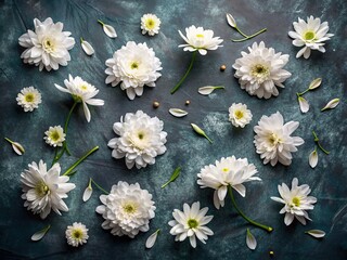 Obraz premium Abstract Floral Blackboard Background: White Flowers on Black Chalkboard - Aerial View