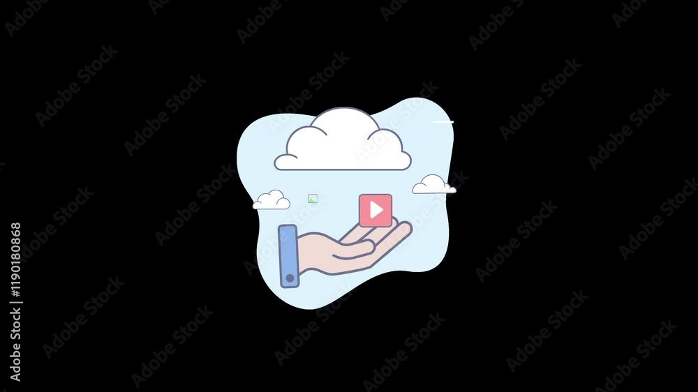 Poster a hand offering a cloud with a play button, symbolizing digital media and content access in a modern
