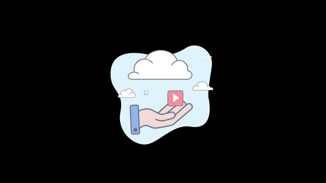 A hand offering a cloud with a play button, symbolizing digital media and content access in a modern design.