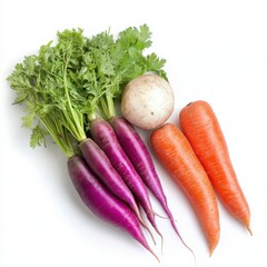 Three vibrant carrots, a fresh mushroom, and a crisp radish are arranged on a clean white surface, showcasing their natural beauty and colors.