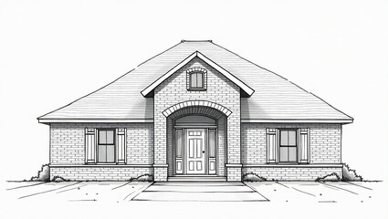 One-Story House Architectural Drawing: Classic Ranch Style Home Design: A detailed architectural sketch showcases a charming one-story house featuring a gable roof, arched entryway.