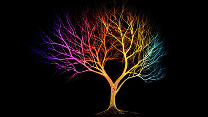 A visually complex dendrogram chart with luminous branches and connected nodes, forming a tree-like network pattern on a dark digital background, ideal for data science visuals.
