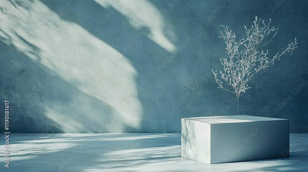 Poster smooth blue wall and table setup with soft light and shadows, creating a calm, reflective space for 