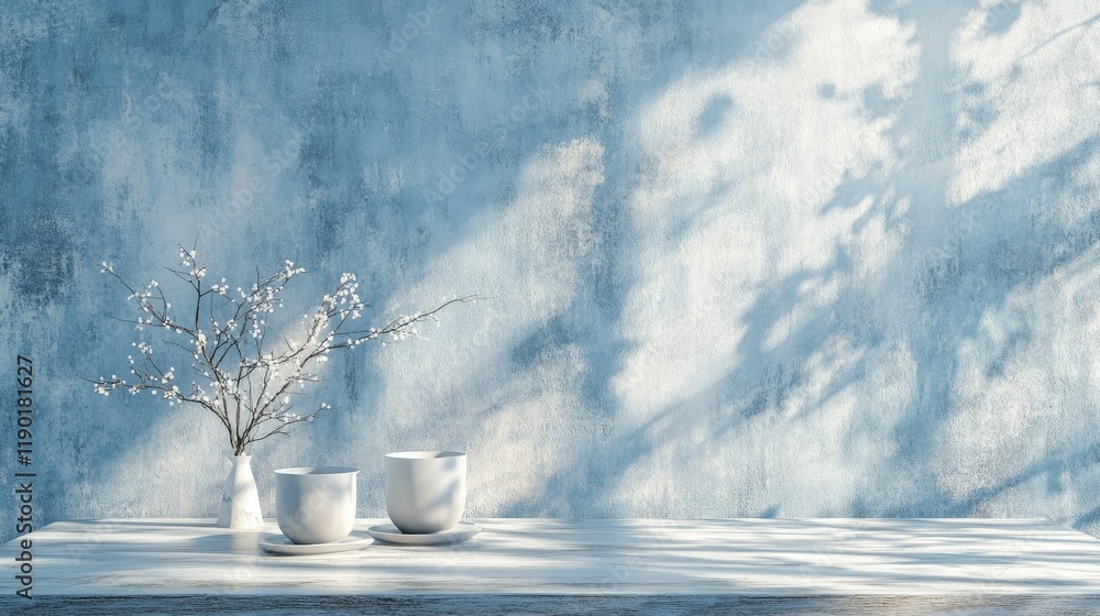 Poster smooth blue wall and table setup with soft light and shadows, creating a calm, reflective space for 