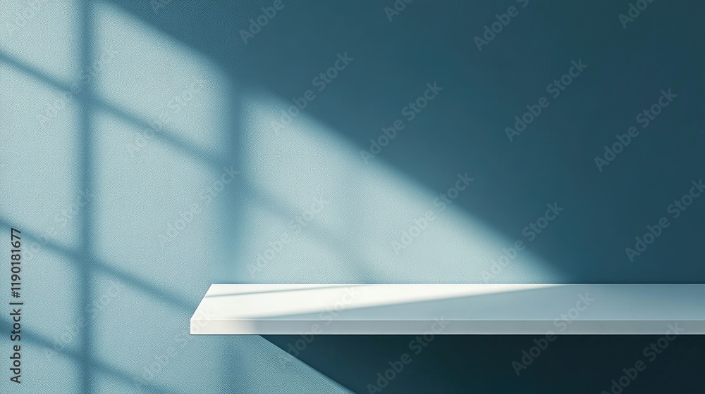 Poster smooth blue wall and table surface with a soft spotlight, creating a clean, reflective setup for win