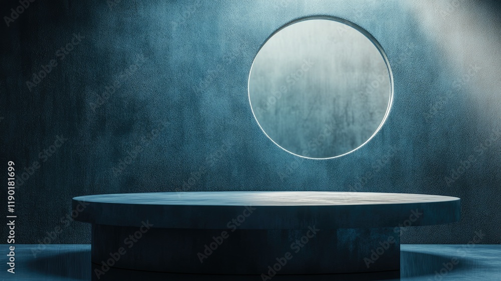 Poster smooth blue wall and table surface with a soft spotlight, creating a clean, reflective setup for win