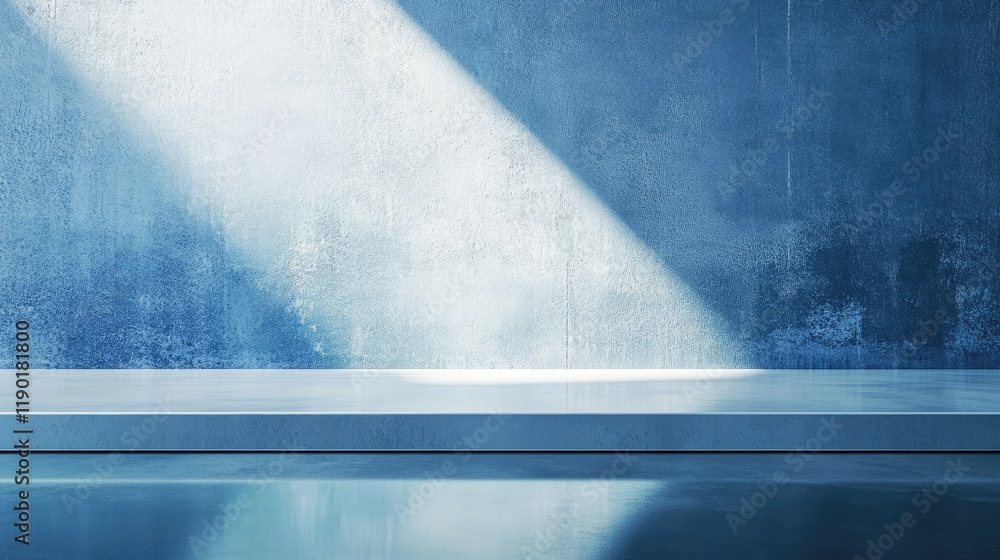 Poster soft light and shadows on a smooth blue wall with a reflective table, creating an abstract winter ba