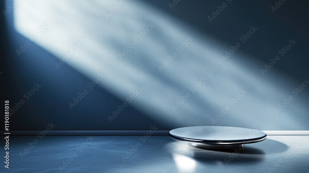 Poster soft light and shadows on a smooth blue wall with a reflective table, creating an abstract winter ba