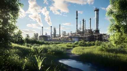 Obraz premium Crude Oil Refinery Surrounded by Lush Greenery Under Clear Blue Sky with Billowing Smoke and Industrial Infrastructure in the Background