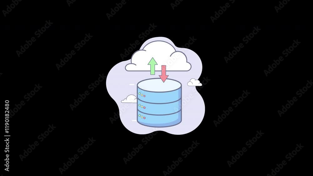 Poster a cartoon representation of a cloud with two arrows indicating data transfer to and from a database.